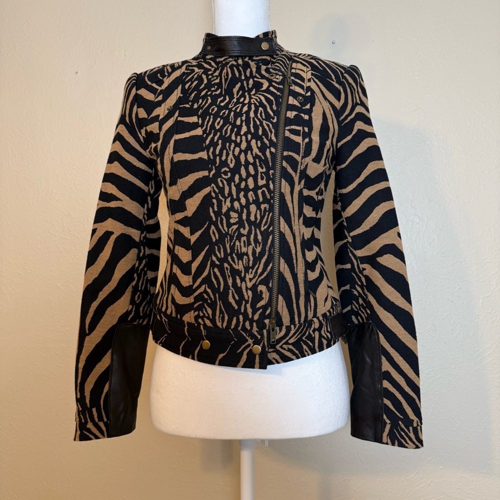 Tracy Reese Women’s Animal Print Leather Trim Moto Jacket